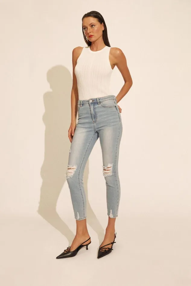 Women Skinny Jean Bardot Khloe Hi Crop Jeans In Mid Blue Mid Blue