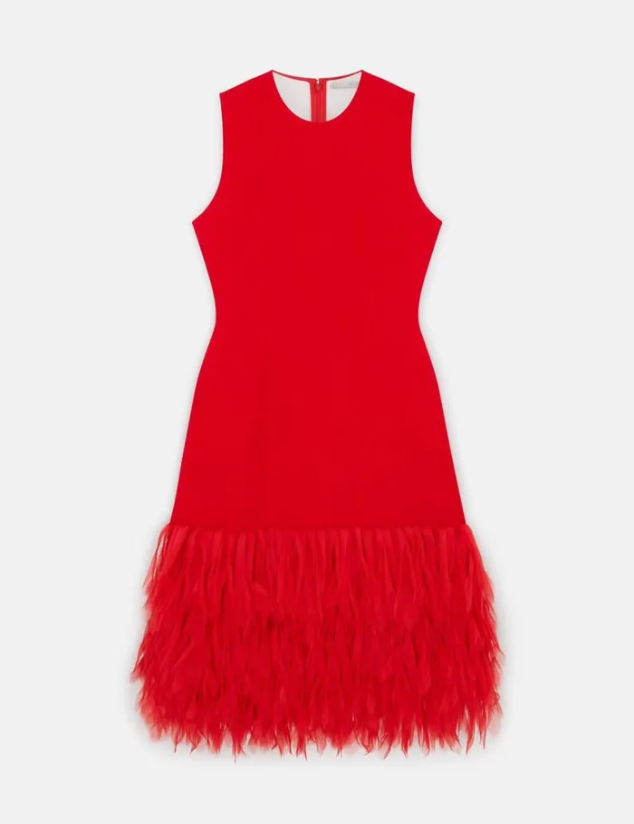 Women Sleeveless Feather Midi Dress Lipstick Red Stella McCartney Dresses