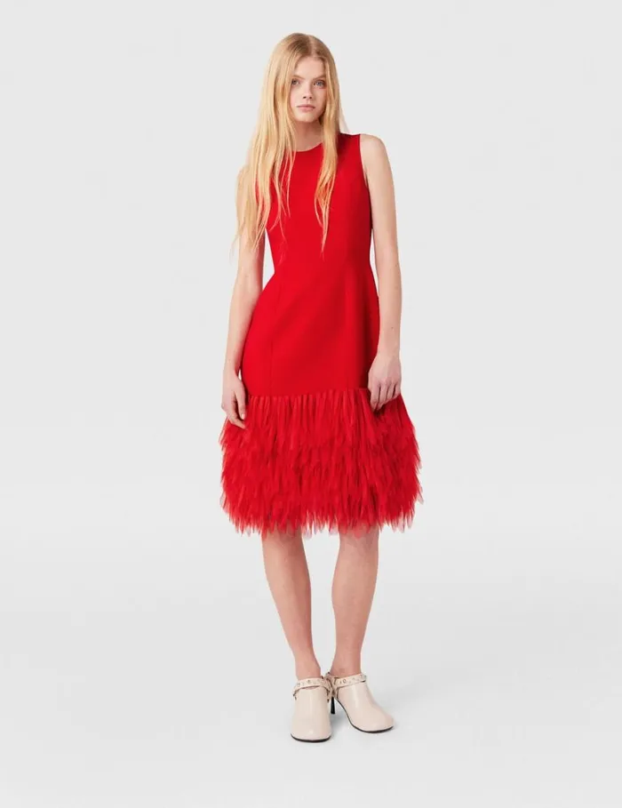 Women Sleeveless Feather Midi Dress Lipstick Red Stella McCartney Dresses