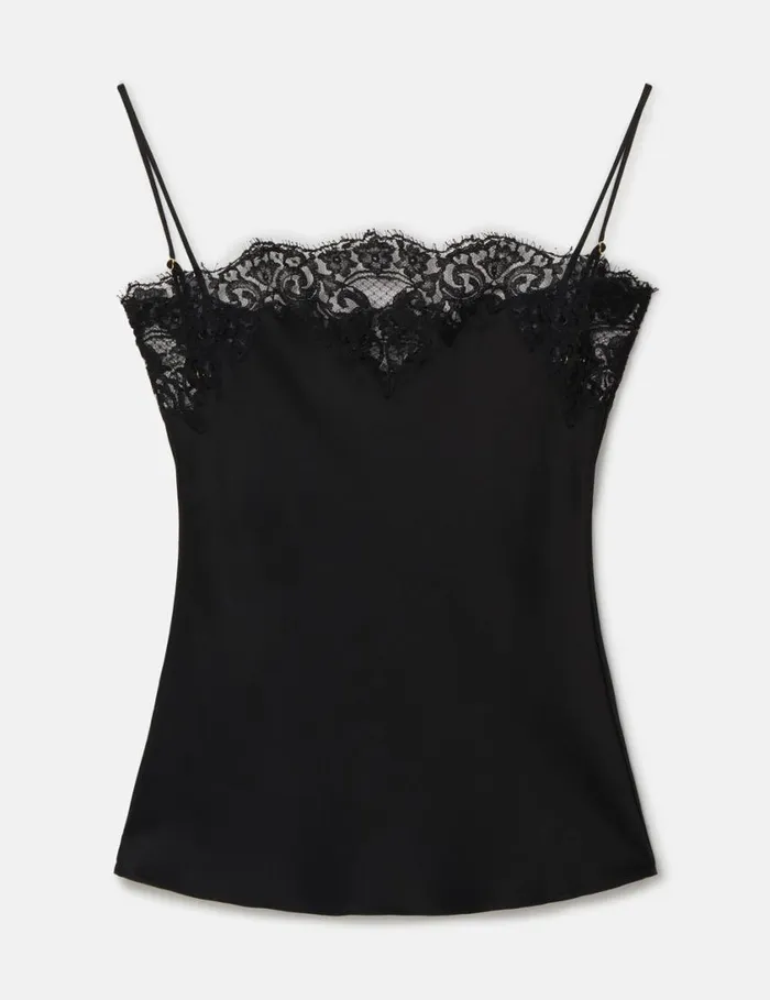 Women Sleeveless Lace Satin Top Charcoal Grey Stella McCartney Shirts And Tops