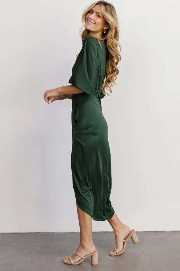 Women Solana Ruched Dress Hunter Green Baltic Born Midi Dresses