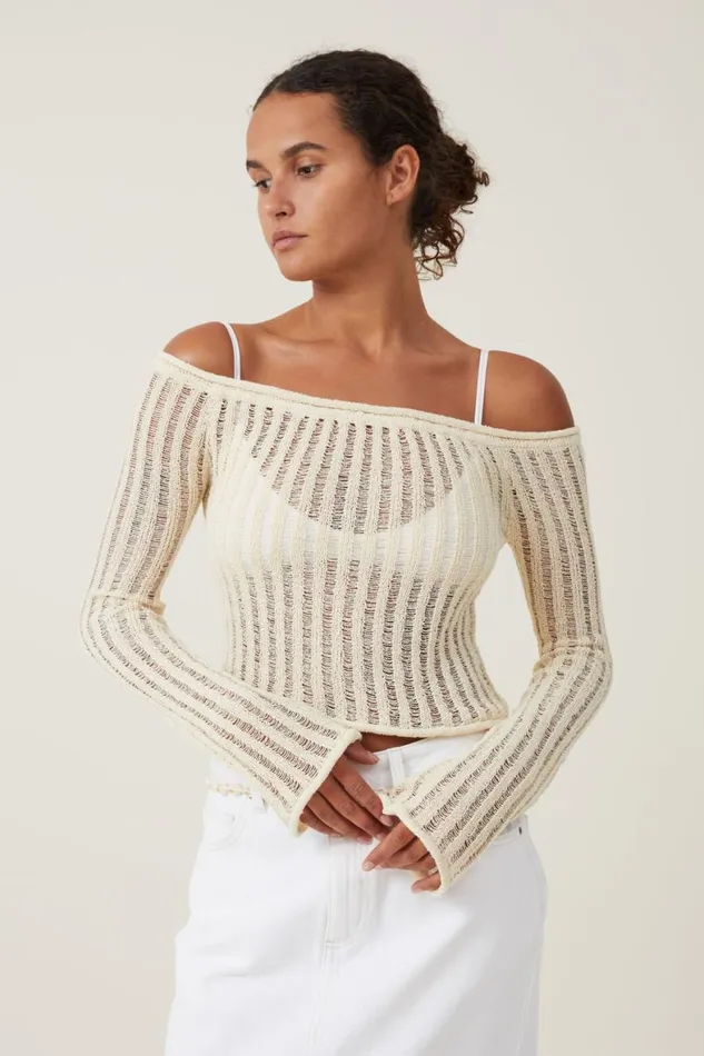 Women Sweaters and Cardigans Cotton On Ladder Knit Off Shoulder Pullover Ecru