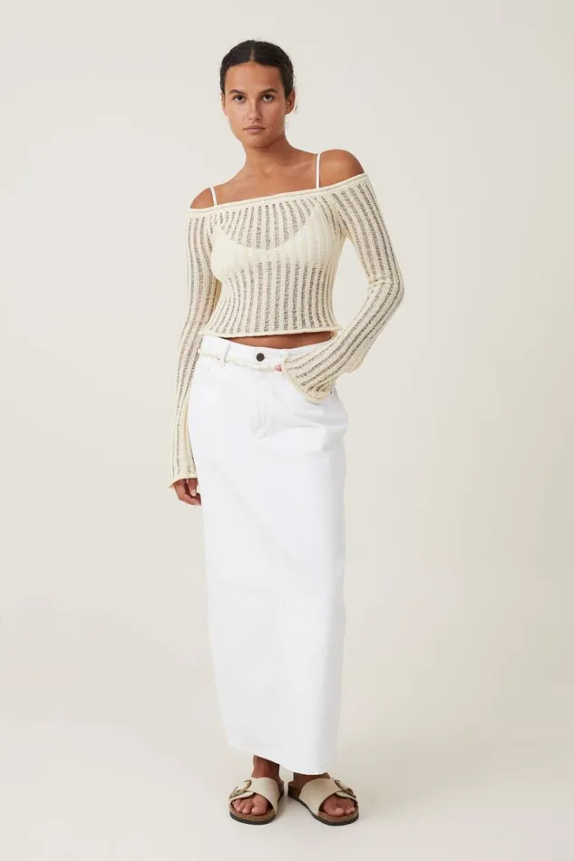 Women Sweaters and Cardigans Cotton On Ladder Knit Off Shoulder Pullover Ecru