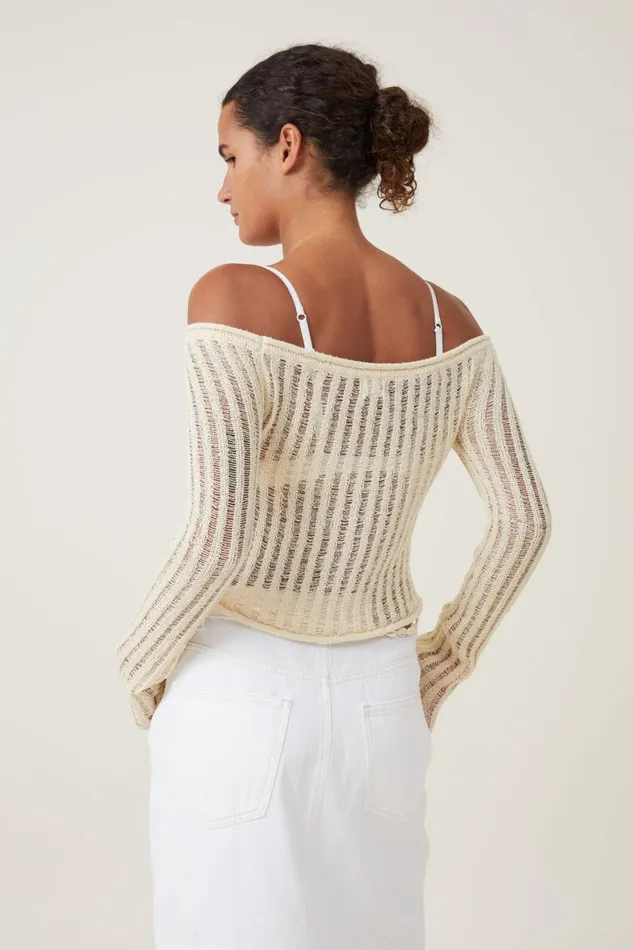 Women Sweaters and Cardigans Cotton On Ladder Knit Off Shoulder Pullover Ecru