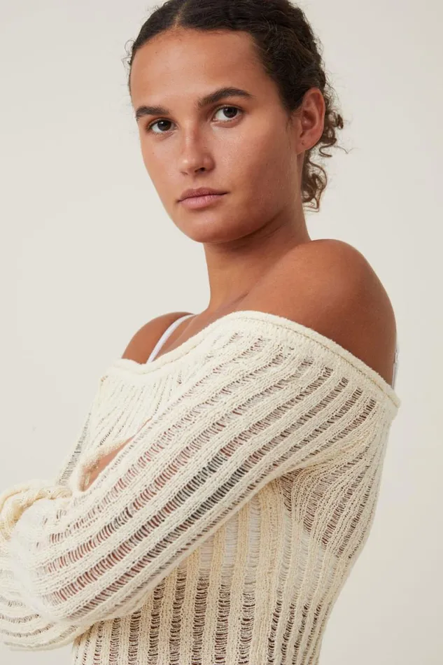Women Sweaters and Cardigans Cotton On Ladder Knit Off Shoulder Pullover Ecru