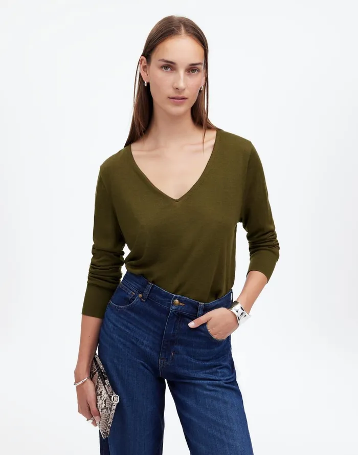 Women Sweaters Madewell Merino WoolSilk Blend VNeck Sweater Faded Ivy