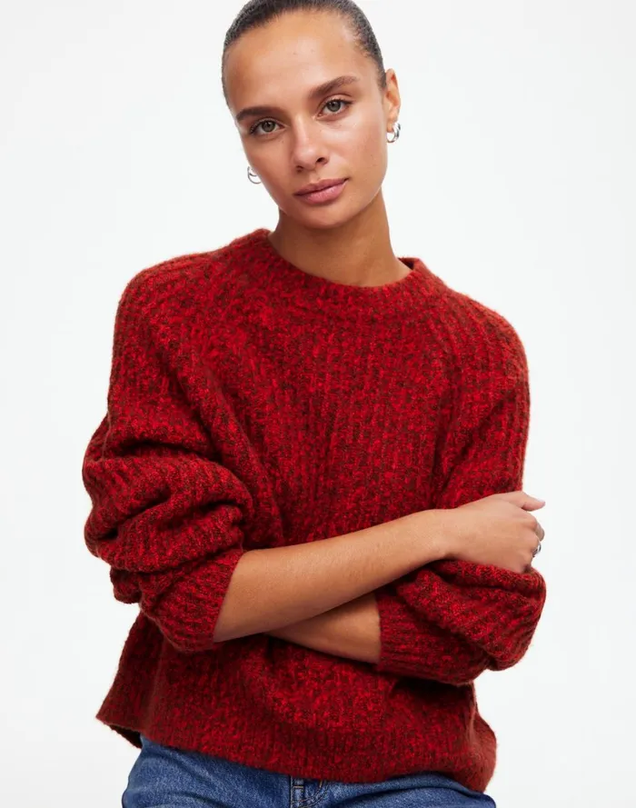 Women Sweaters Madewell Ribbed CottonBlend Sweater Bright Cherry Marl