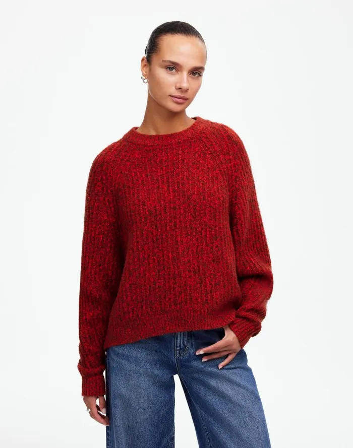 Women Sweaters Madewell Ribbed CottonBlend Sweater Bright Cherry Marl