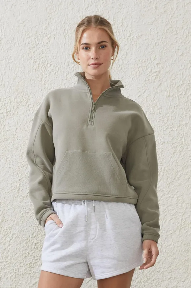 Women Sweats and Hoodies Cotton On Plush Rib Cropped Half Zip Jumper Dusty Khaki