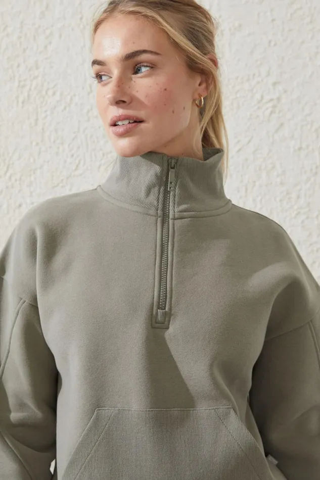Women Sweats and Hoodies Cotton On Plush Rib Cropped Half Zip Jumper Dusty Khaki