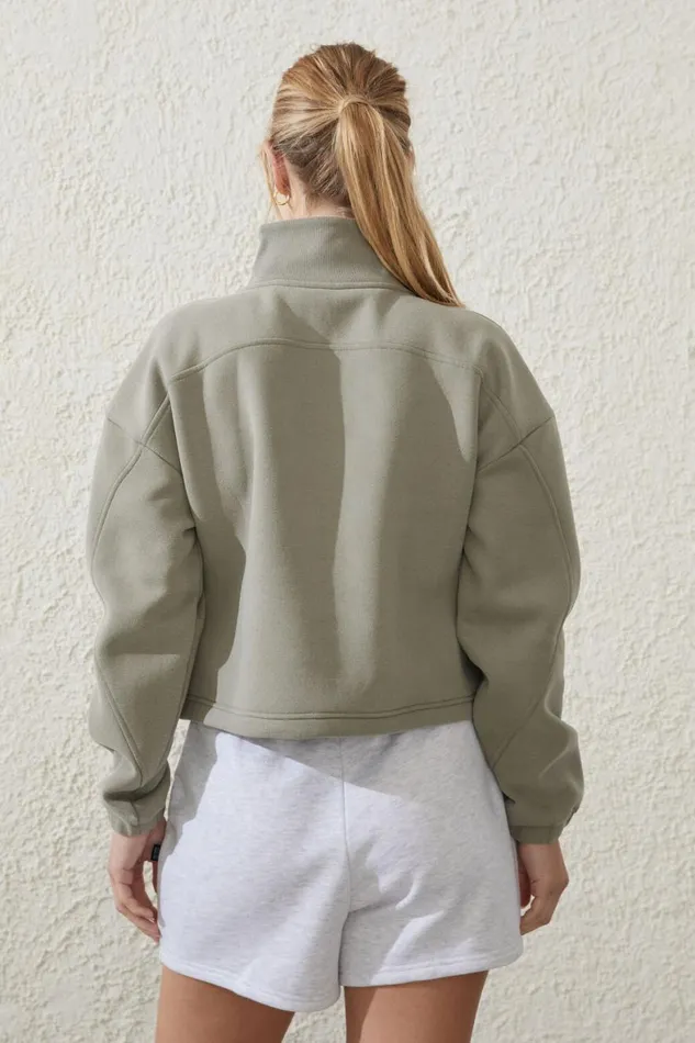 Women Sweats and Hoodies Cotton On Plush Rib Cropped Half Zip Jumper Dusty Khaki
