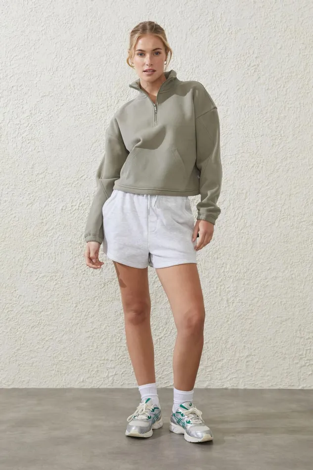 Women Sweats and Hoodies Cotton On Plush Rib Cropped Half Zip Jumper Dusty Khaki