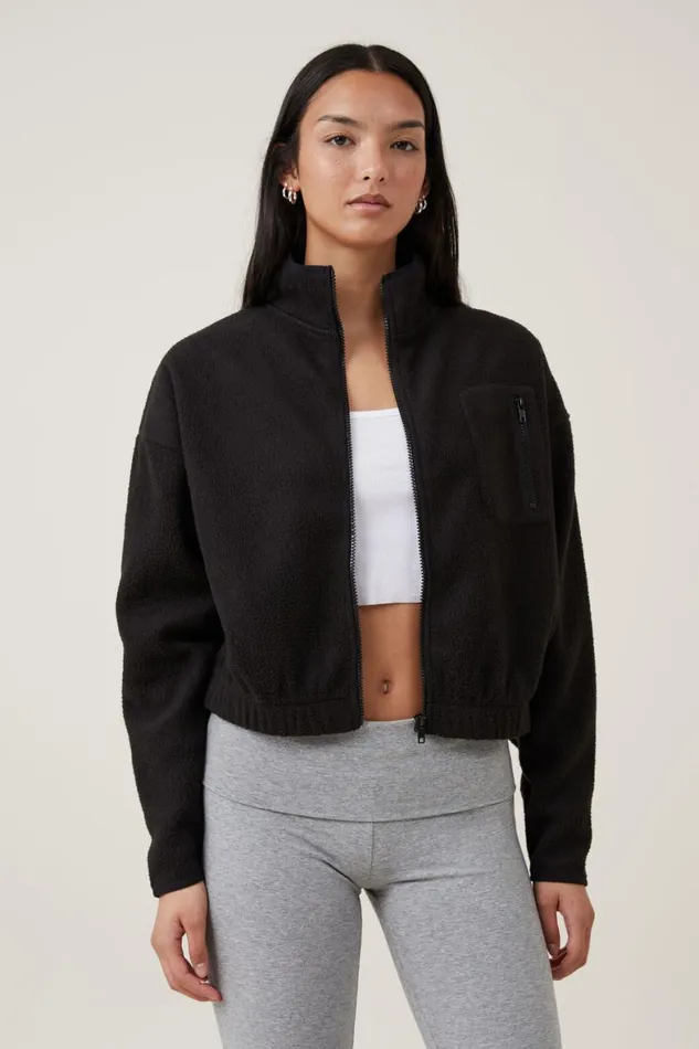 Women Sweats and Hoodies Cotton On Teddy Fleece Cropped Zip Through Black