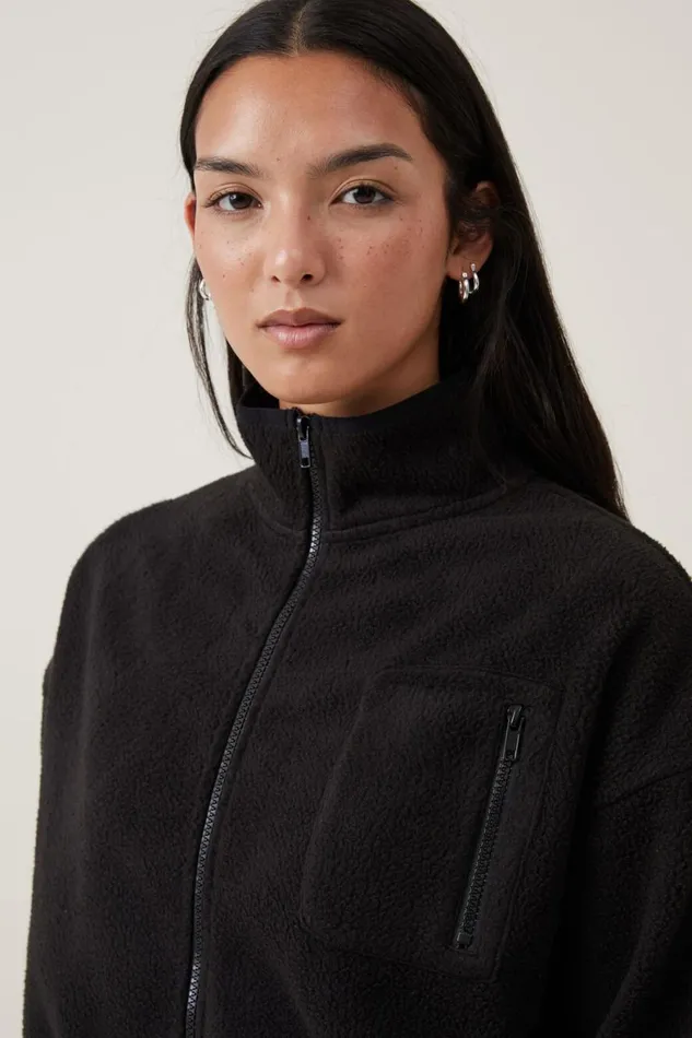 Women Sweats and Hoodies Cotton On Teddy Fleece Cropped Zip Through Black