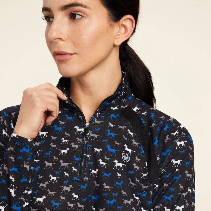 Women TShirts and Tops Ariat Sunstopper 20 14 Zip Baselayer Black Busy Pony Print