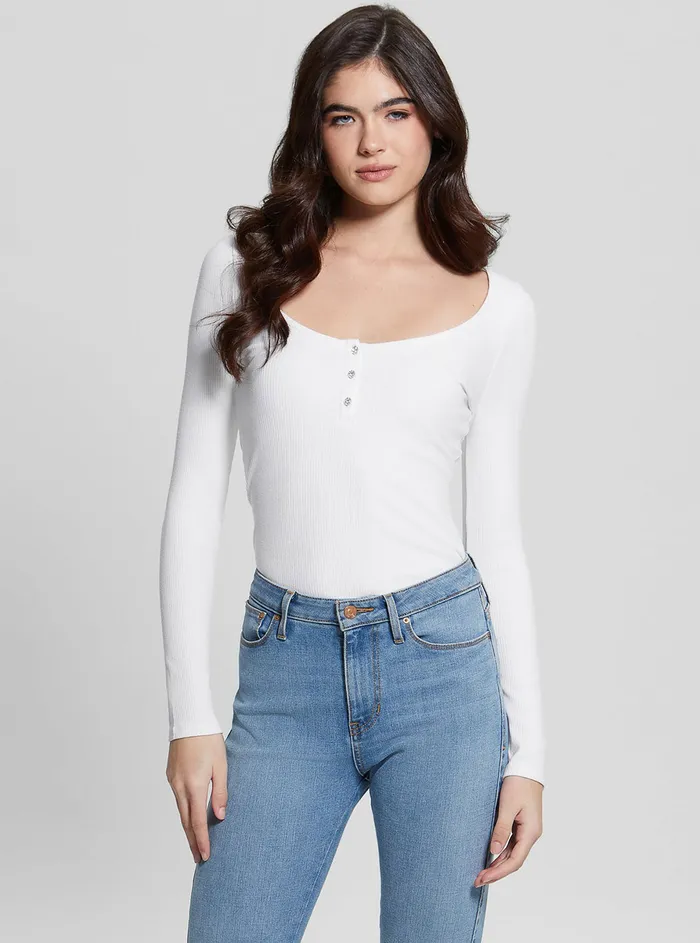 Women Tees and Tanks GUESS Eco White Karlee Long Sleeve Henley Tshirt