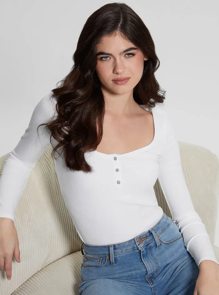 Women Tees and Tanks GUESS Eco White Karlee Long Sleeve Henley Tshirt Women Tees and Tanks GUESS Eco White Karlee Long Sleeve Henley Tshirt