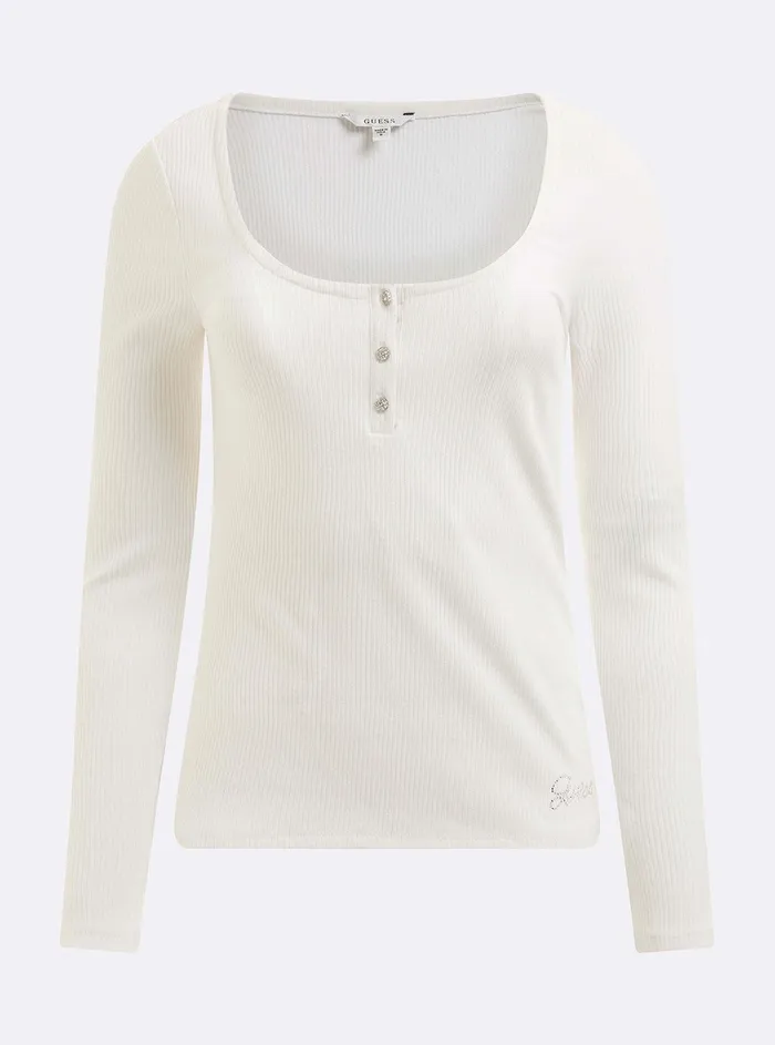 Women Tees and Tanks GUESS Eco White Karlee Long Sleeve Henley Tshirt Women Tees and Tanks GUESS Eco White Karlee Long Sleeve Henley Tshirt