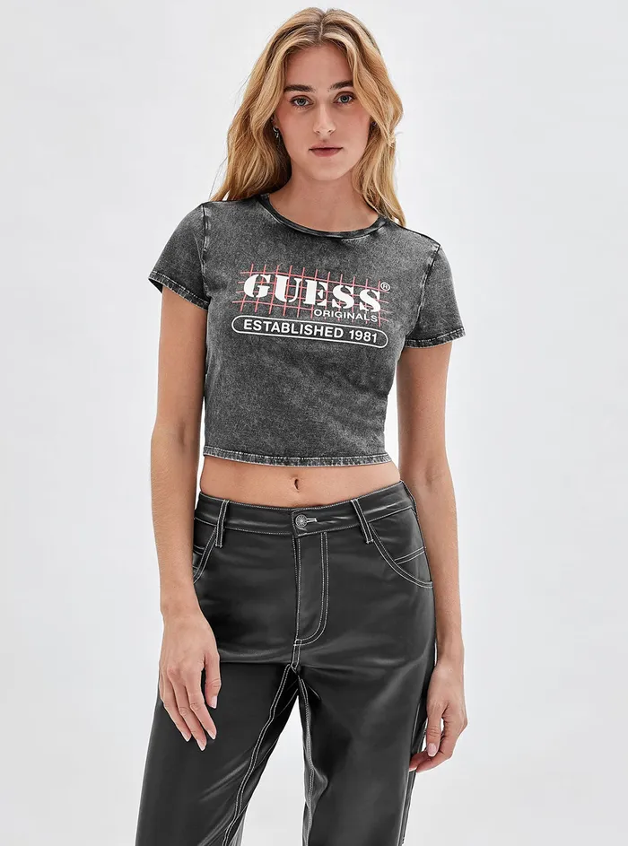 Women Tees and Tanks GUESS Guess Originals Black Raelyn Grid Logo Crop Tshirt