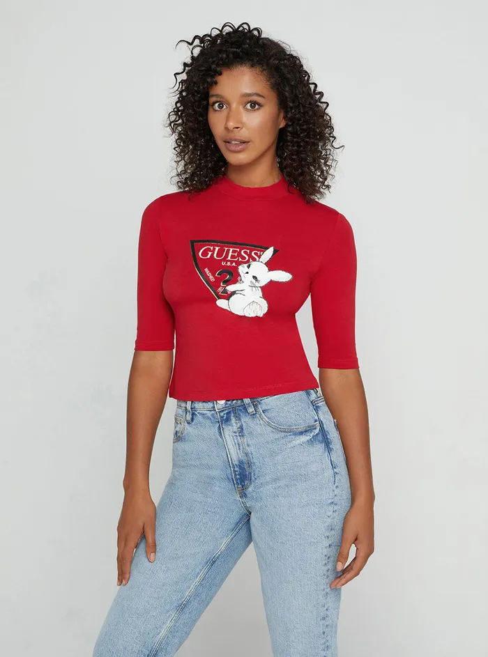 Women Tees and Tanks GUESS Red Golden Rabbit Cropped Logo Tshirt