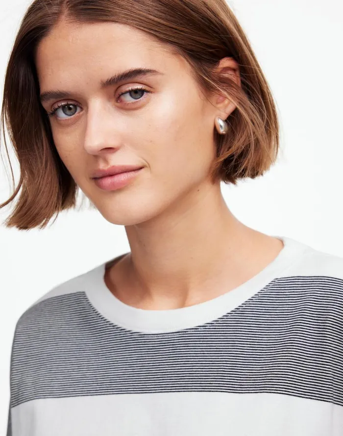 Women Tees Madewell Oversized Crewneck LongSleeve Tee In Stripe Eyelet White