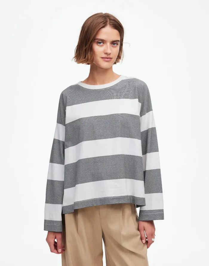 Women Tees Madewell Oversized Crewneck LongSleeve Tee In Stripe Eyelet White