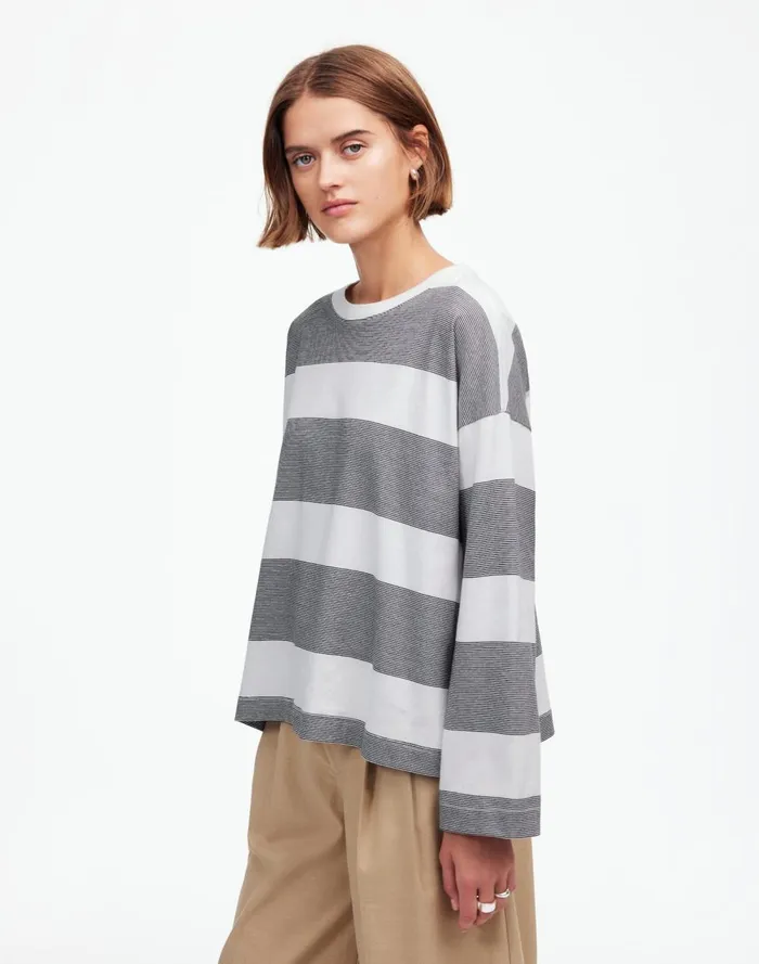 Women Tees Madewell Oversized Crewneck LongSleeve Tee In Stripe Eyelet White