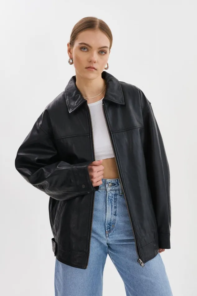 Women THEIA Leather Bomber Jacket Black LAMARQUE Bombers