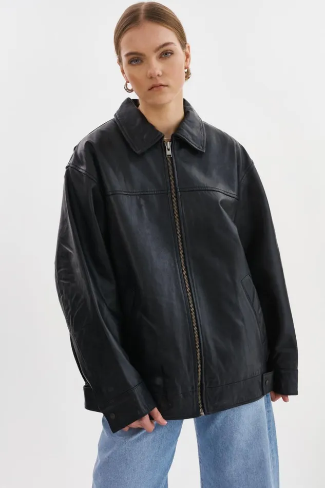 Women THEIA Leather Bomber Jacket Black LAMARQUE Bombers