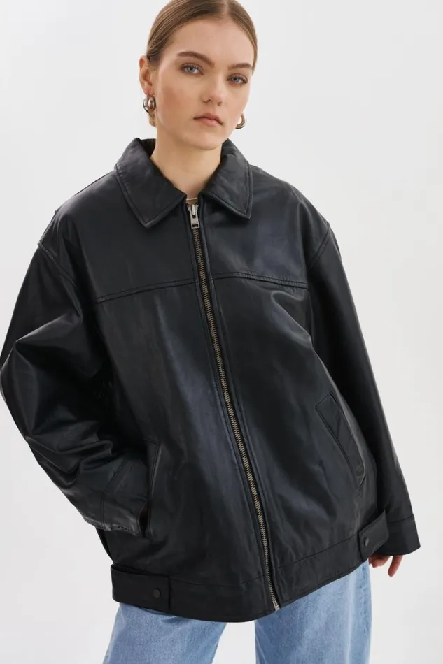 Women THEIA Leather Bomber Jacket Black LAMARQUE Bombers