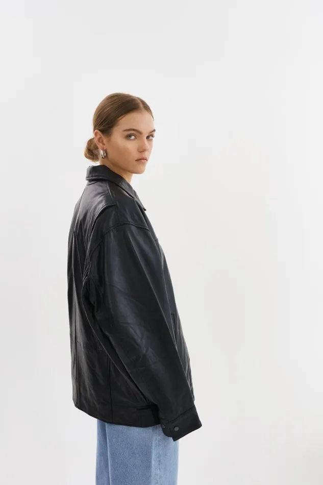 Women THEIA Leather Bomber Jacket Black LAMARQUE Bombers