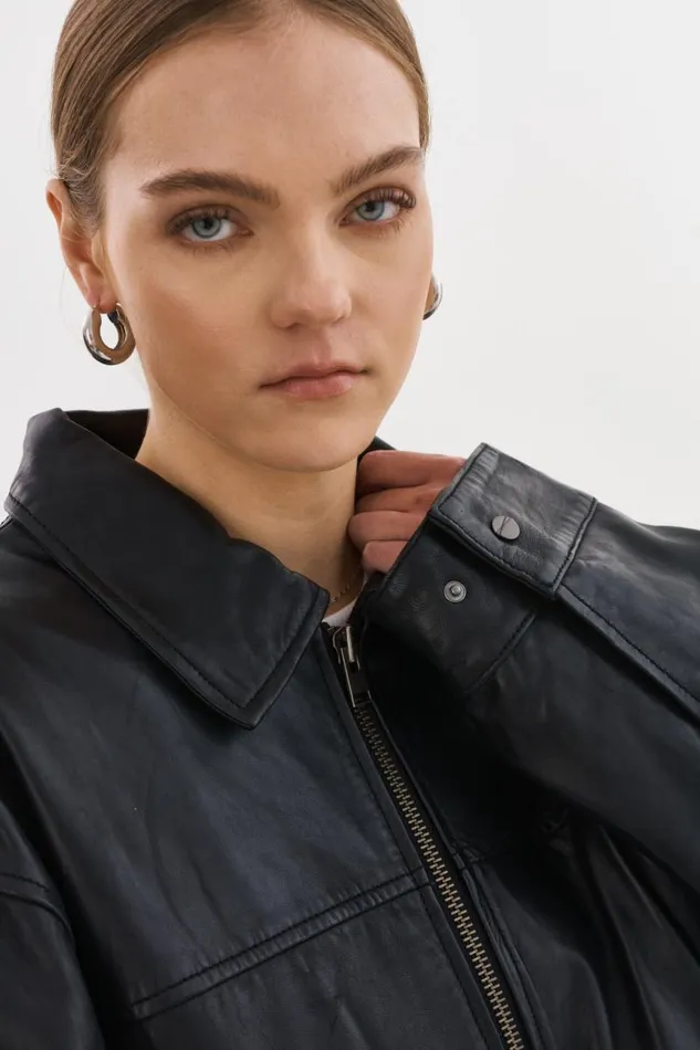 Women THEIA Leather Bomber Jacket Black LAMARQUE Bombers