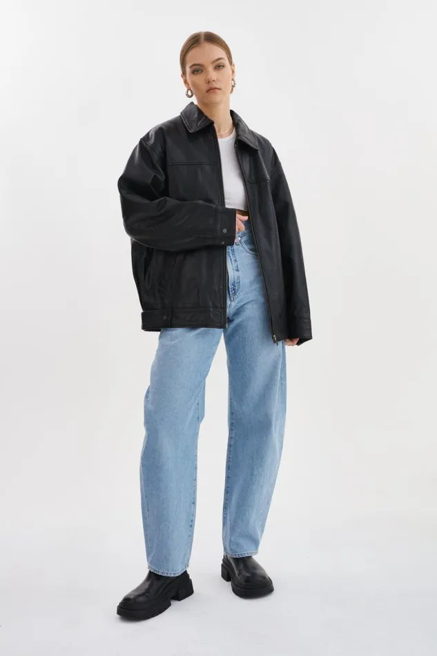 Women THEIA Leather Bomber Jacket Black LAMARQUE Bombers