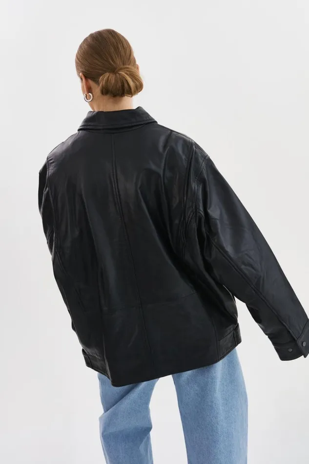 Women THEIA Leather Bomber Jacket Black LAMARQUE Bombers