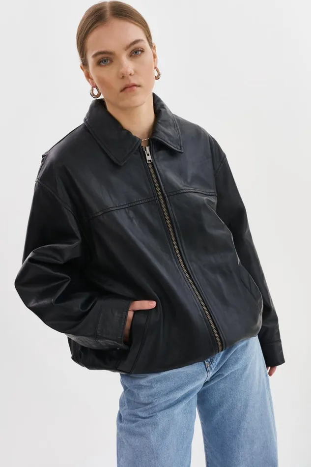 Women THEIA Leather Bomber Jacket Black LAMARQUE Bombers