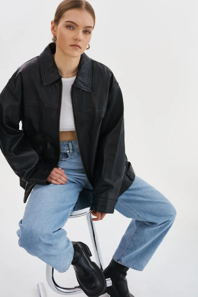 Women THEIA Leather Bomber Jacket Black LAMARQUE Bombers