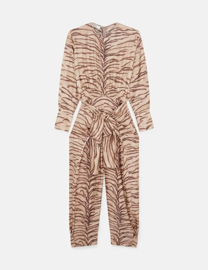 Women Tiger Print TieFront Jumpsuit Natural Tiger Print Stella McCartney Jumpsuits