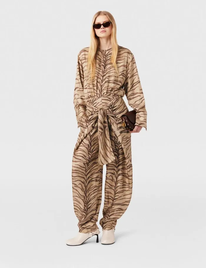 Women Tiger Print TieFront Jumpsuit Natural Tiger Print Stella McCartney Jumpsuits