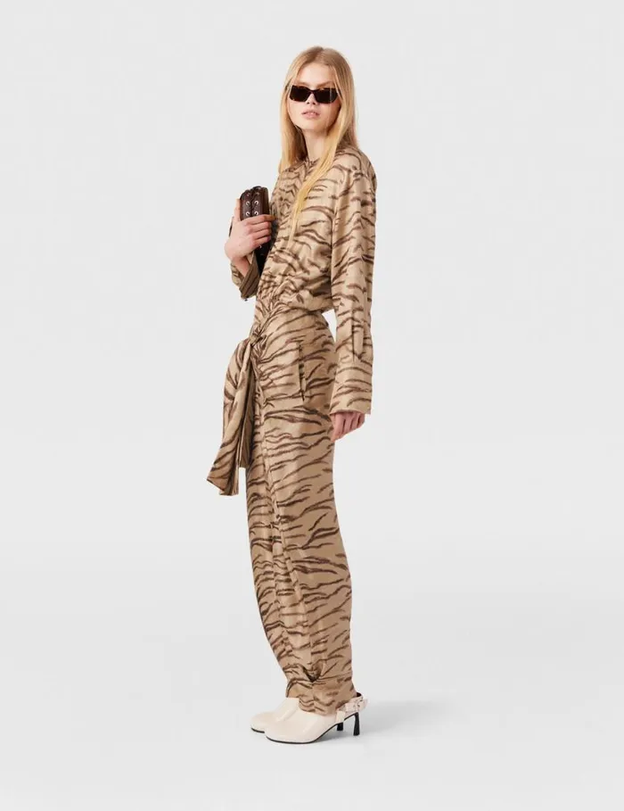 Women Tiger Print TieFront Jumpsuit Natural Tiger Print Stella McCartney Jumpsuits