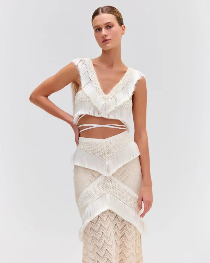 Women Tops and Bodysuits PatBO Fringe Trim Cropped Top Bone