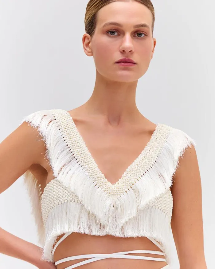 Women Tops and Bodysuits PatBO Fringe Trim Cropped Top Bone