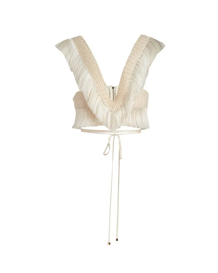 Women Tops and Bodysuits PatBO Fringe Trim Cropped Top Bone
