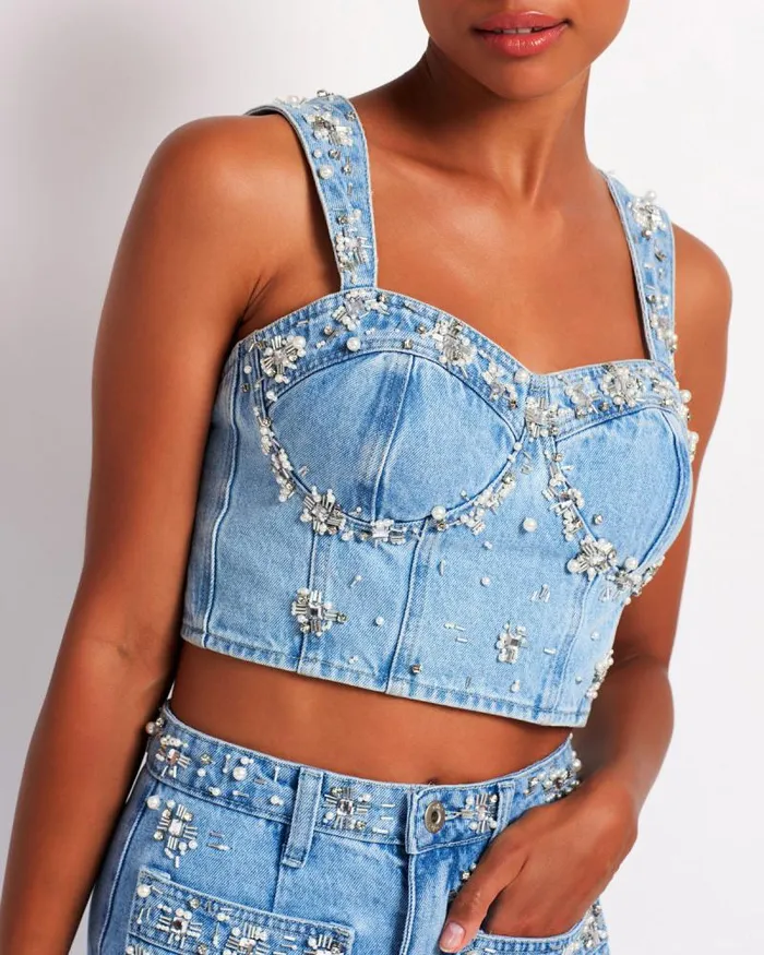 Women Tops and Bodysuits PatBO HandBeaded Denim Top FINAL SALE Denim
