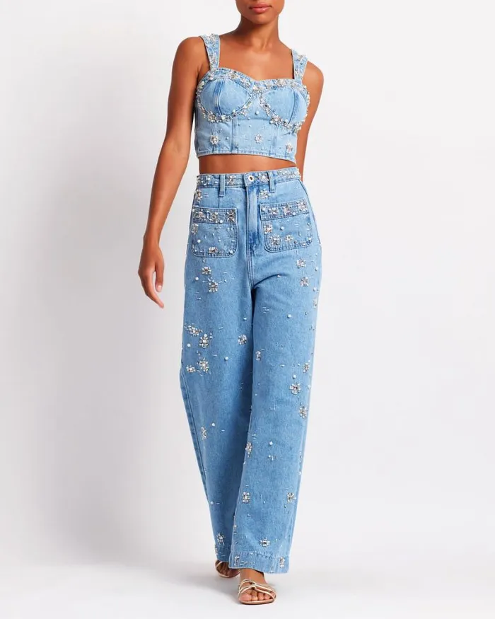 Women Tops and Bodysuits PatBO HandBeaded Denim Top FINAL SALE Denim