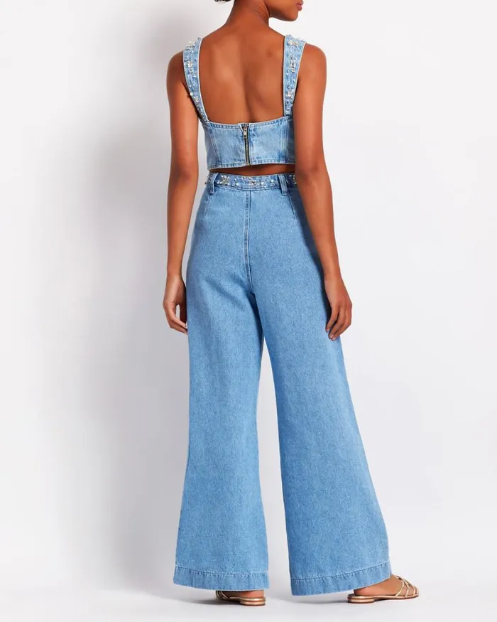 Women Tops and Bodysuits PatBO HandBeaded Denim Top FINAL SALE Denim