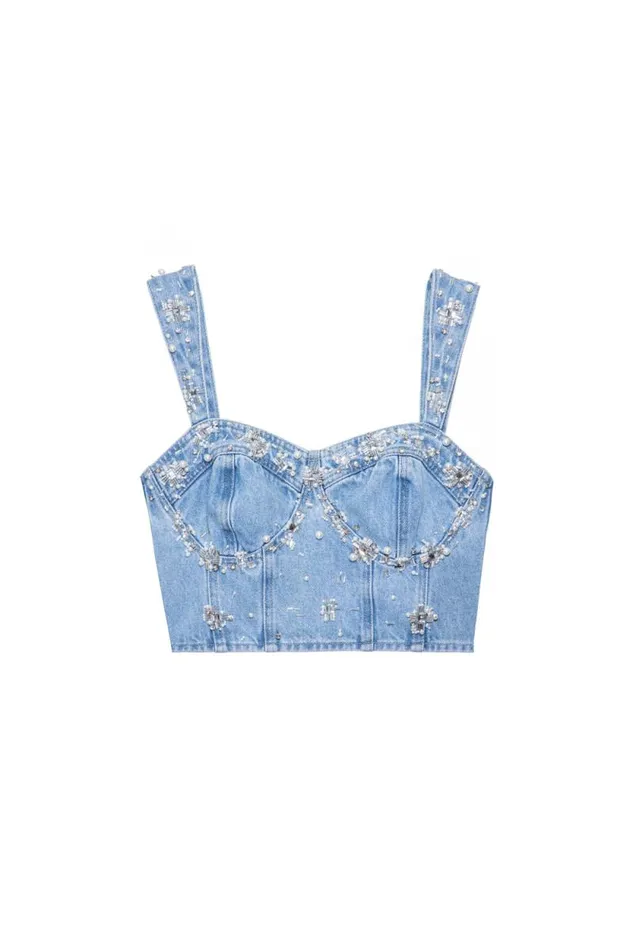 Women Tops and Bodysuits PatBO HandBeaded Denim Top FINAL SALE Denim