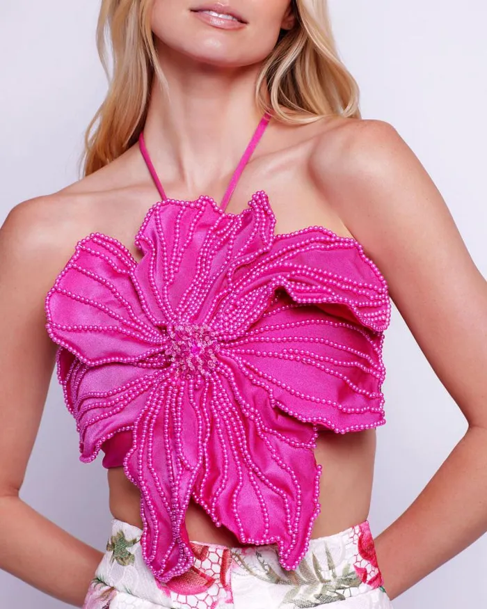 Women Tops and Bodysuits PatBO HANDBEADED FLOWER TOP Flamingo