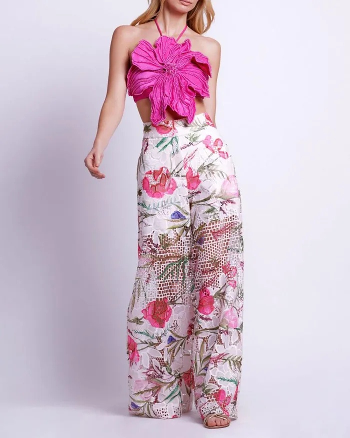 Women Tops and Bodysuits PatBO HANDBEADED FLOWER TOP Flamingo