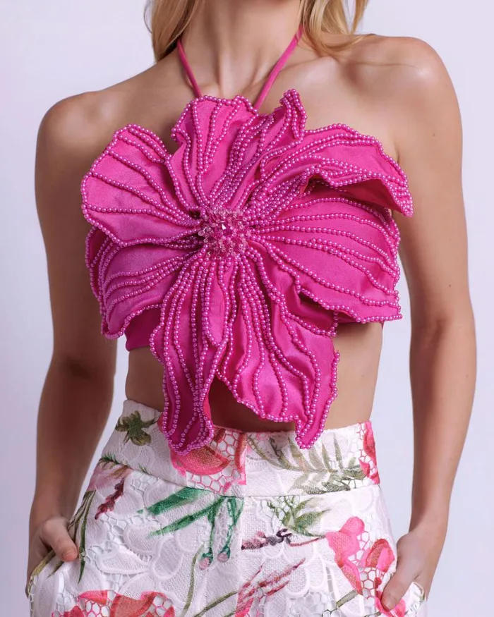 Women Tops and Bodysuits PatBO HANDBEADED FLOWER TOP Flamingo