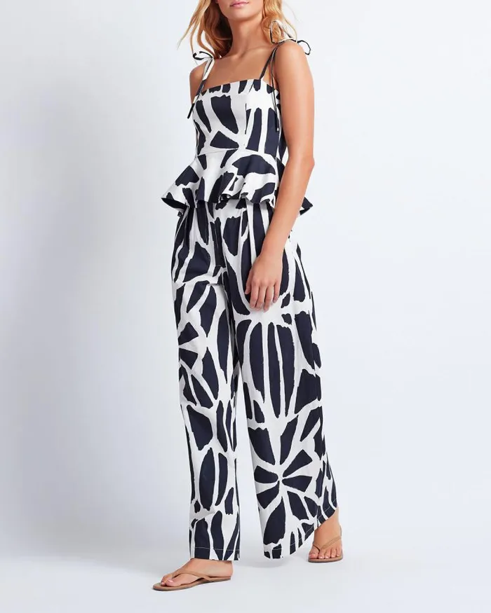 Women Tops and Bodysuits PatBO Printed Cotton Peplum Top FINAL SALE Black White